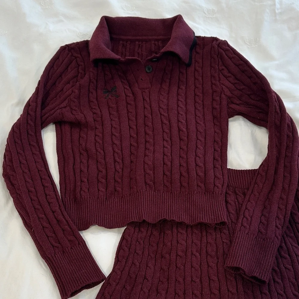 Elegant Burgundy Cable Knit Skirt Set